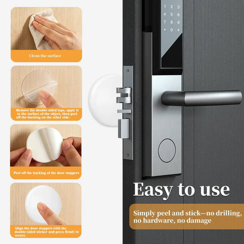 Installation of Silicone Door Stoppers And Wall Protectors Set With Self Adhesive Bumpers shown with step-by-step images