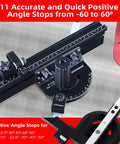GoingMake compact table saw miter gauge with 360mm fence, flip stop, and positive angle stops.