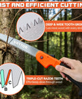 Heavy Duty 7 Inch Folding Pruning Saw With Safety Hand Guard For Quick Tree Trimming and Limb Cutting, cutting through tree branch.
