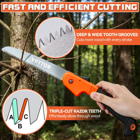 Heavy Duty 7 Inch Folding Pruning Saw With Safety Hand Guard For Quick Tree Trimming and Limb Cutting, cutting through tree branch.
