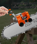 Manual Chainsaw Sharpener Set With Durable Clamp Portable Hand Crank Chain Grinder For All Standard Chainsaws Easy 30 Degree Sharpening Quick Accurate Fits 4 To 22 Inch Saws A Real Workhorse For Pros And DIYers shown in use with a hand cranking the grinder on a chainsaw blade.