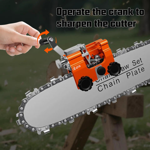 Manual Chainsaw Sharpener Set With Durable Clamp Portable Hand Crank Chain Grinder For All Standard Chainsaws Easy 30 Degree Sharpening Quick Accurate Fits 4 To 22 Inch Saws A Real Workhorse For Pros And DIYers shown in use with a hand cranking the grinder on a chainsaw blade.