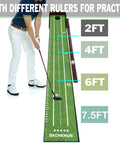 Indoor Putting Green Mat For Home Office And Outdoors With Automatic Ball Return Realistic 10 To 14 Yard Roll High Density Velvet Surface Durable Golf Practice Mat Gift For Golf Enthusiasts with distance rulers and golfer practicing.
