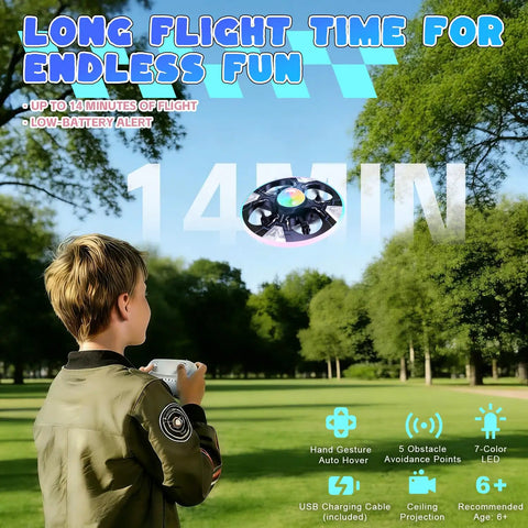 Child playing with UFO Hand Controlled Drone For Kids, Safe RC Toy With 7 LED Lighting Modes in outdoor park, long flight time
