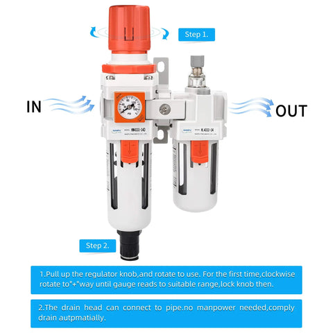 Half Inch NPT Embedded Gauge Air Filter Regulator Lubricator All In One Setup With Auto Drain Water Oil Trap front view