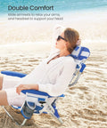 Woman enjoying comfort on backpack beach chair with four adjustable backrest angles, 331 lb capacity, blue and white design, on sand