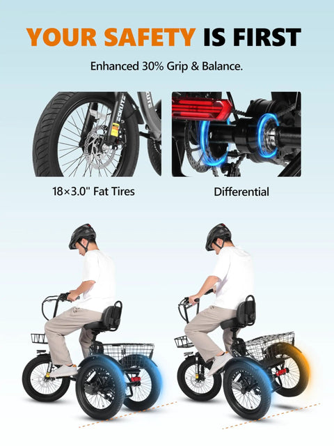 Powerful Three Wheel Electric Trike With 1200W Motor And 624Wh Removable Battery 18x3.0 Fat Tires Foldable Step Through Frame Up To 65 Miles Range 18 MPH Pedal Assist Black For Daily Commutes And Light Hauling showing rider and differential