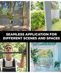 Heavy Duty Fiberglass Window Screen Mesh Roll 36 Inch By 50 Foot Charcoal Replacement Screen For Windows Doors Patios And Porches, Durable Insect Barrier, Easy To Cut And Install, shown in various home applications