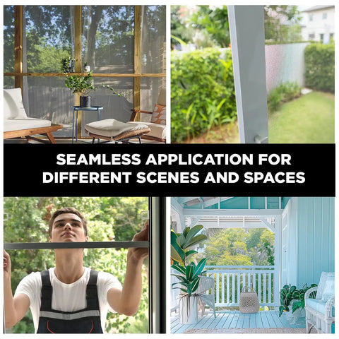 Heavy Duty Fiberglass Window Screen Mesh Roll 36 Inch By 50 Foot Charcoal Replacement Screen For Windows Doors Patios And Porches, Durable Insect Barrier, Easy To Cut And Install, shown in various home applications