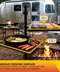 Open Flame Campfire Grill And Skillet Combo For Outdoor Cooking with adjustable height over campfire near trailer setup