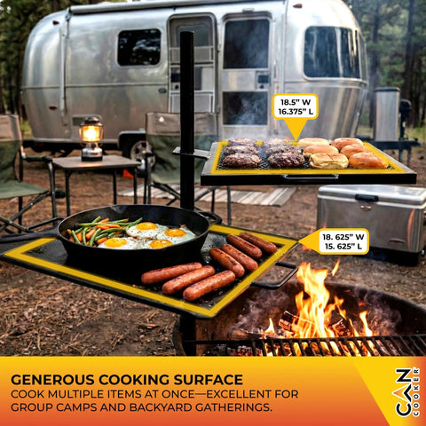 Open Flame Campfire Grill And Skillet Combo For Outdoor Cooking with adjustable height over campfire near trailer setup