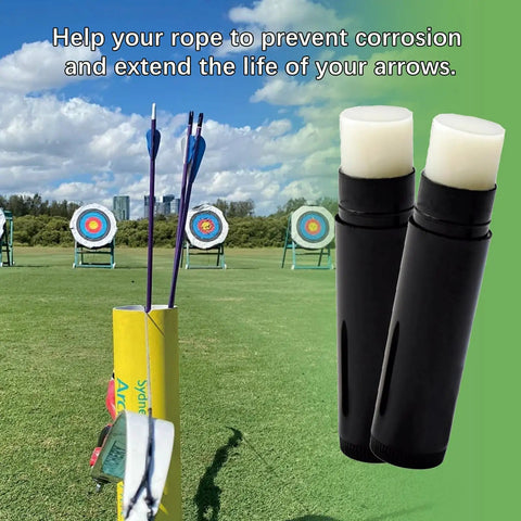 5 Piece Bow String Wax Set For Archery And Crossbow Waterproof String Lube with archery targets and arrows on a field
