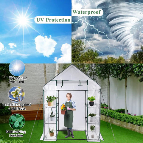 Portable Walk In Greenhouse For Outdoors With Roll Up Zipper Door And UV Resistant Cover Three Tier Shelving Anchors Easy Setup Keeps Ideal Heat And Humidity For Extending Your Growing Season