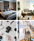 Door Stop Alarm (Pack of 2) collage: hotel bedroom, apartment living room, travel map with camera, and staircase