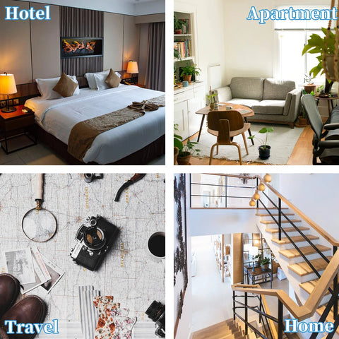 Door Stop Alarm (Pack of 2) collage: hotel bedroom, apartment living room, travel map with camera, and staircase
