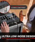 Person using USB Audio Interface For PC And Mac With Mic And Line Inputs, Guitar, Aux Stereo And RCA IO, 24 Preset Digital Effects.