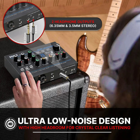 Person using USB Audio Interface For PC And Mac With Mic And Line Inputs, Guitar, Aux Stereo And RCA IO, 24 Preset Digital Effects.