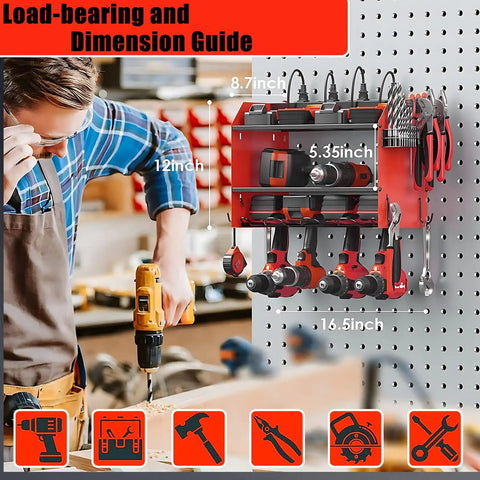 Heavy Duty Wall Mount Power Tool Organizer With Three Shelves And Cordless Drill Storage Metal Tool Rack For Garage Holds Batteries Hand Tools And Even A Charging Station against pegboard display