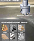 Carbide hole saw kit with case, 20 pieces, carbide-tipped saw attached to drill