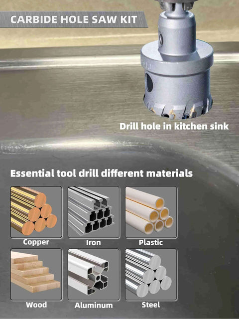 Carbide hole saw kit with case, 20 pieces, carbide-tipped saw attached to drill