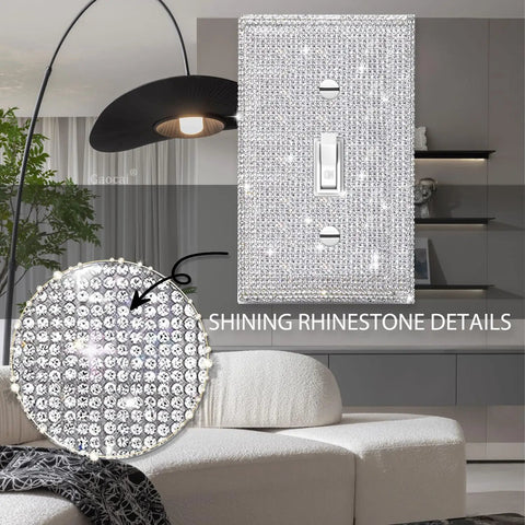 Shiny Silver Rhinestone Light Switch Cover Plate With Single Toggle, Sparkling Decorative Wall Plate in a modern living room
