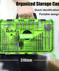 Ninety Piece Impact Driver Bit Set For Wood Metal And Masonry Drilling With Hss Drill Bits Carbon Steel in organized green storage case.