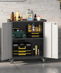 Heavy Duty Metal Garage Storage Cabinet On Wheels with Lockable Door and Adjustable Shelves in a garage setting