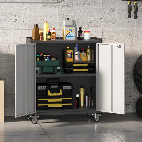 Heavy Duty Metal Garage Storage Cabinet On Wheels with Lockable Door and Adjustable Shelves in a garage setting