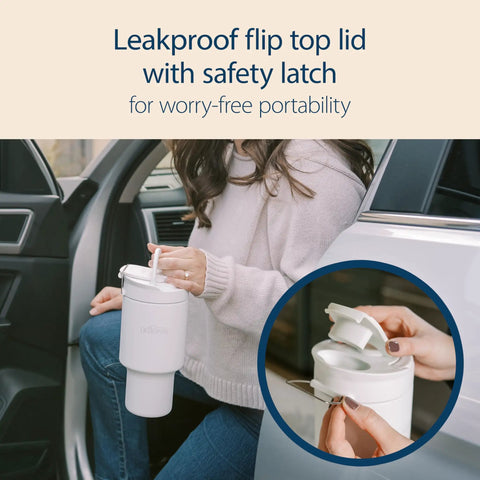 Vacuum Insulated Stainless Steel Baby Formula And Breast Milk Chiller Tumbler With Cooling Insert Keeps Milk Ice Cold On The Go For Parents Riding The Daily Grind Or Hitting The Road In Arctic White with a leakproof flip top lid.