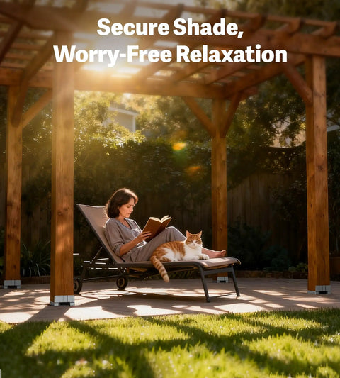 Person reading on a lounge chair under a wooden pergola in a garden, with a cat lying on the chair.