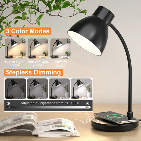 Wireless Charger LED Desk Lamp For Home Office And Dorm With 800 Lumens Small Desk Light With Pen Holder And Flexible Arm