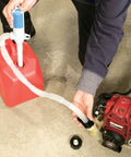 Ontel Turbo Pump automatic liquid transfer pump connected to a red fuel can with blue top control