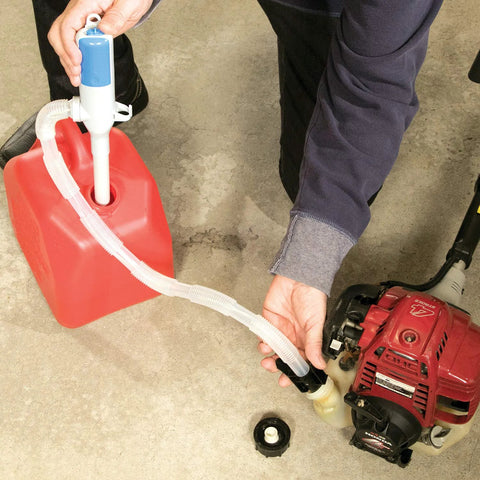 Ontel Turbo Pump automatic liquid transfer pump connected to a red fuel can with blue top control
