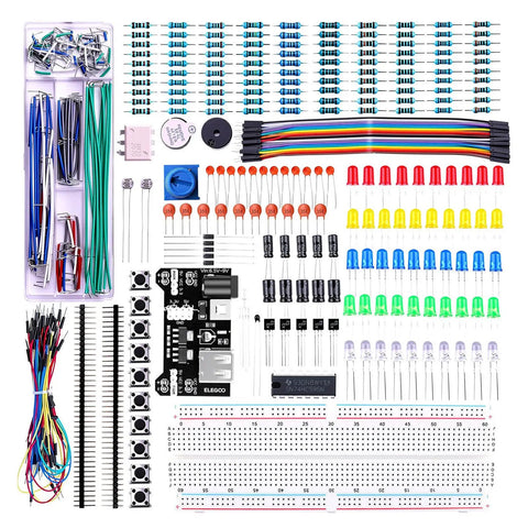 Totally Upgraded Electronics Fun Kit With Power Supply Module And Jumper Wires Precision Potentiometer 830 Tie Points Breadboard Compatible With Arduino And STM32 Over 300 Components Tutorials And Datasheet Included showing components neatly arranged