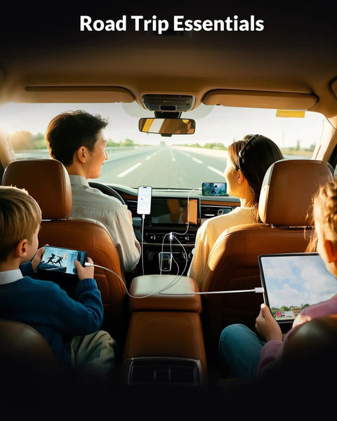 Family using 90W 4 Port USB C Car Charger with 3Ft Cable Ultra Fast PD 3.0 Charging Hub during road trip