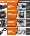 HOKINETY retractable ratchet tie down straps offer extra wide two inch webbing with quick handle rewind for zero slack feel.