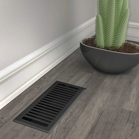 Montezuma 4x12 Decorative Floor Register Kit 5 Pack Black Iron Finish Heavy-Duty Powder-Coated Steel Face Plate Rust-Proof Damper Body High-Impact Polystyrene Construction Signature Series