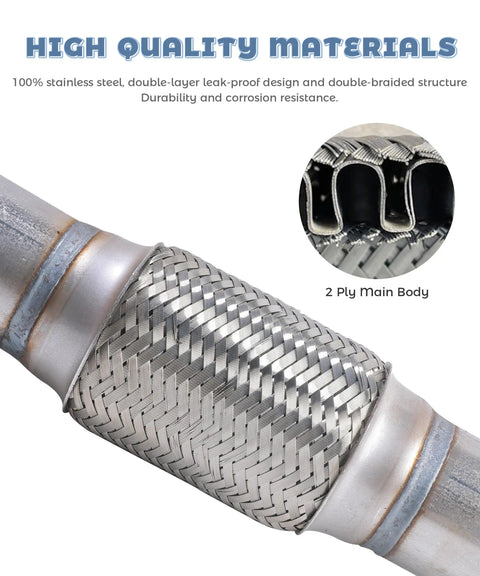 Heavy Duty Stainless Steel Exhaust Flex Pipe For Cars And Trucks Universal Flexible Muffler Tube Automotive Replacement 2.25x6 Inch Size Durable Braided Design Rust Resistant And Heat Resistant Easy Install showing braided structure and material details.