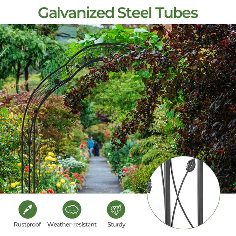 Heavy Duty Garden Arch Made From Galvanized Steel Arbor With Seven Size Options, Metal Flower Leaf Decoration, Outdoor Trellis