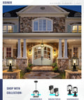 Modern Farmhouse Outdoor Pendant Light for Porch, black hanging lantern, glass cylinder, adjustable chain on house facade.