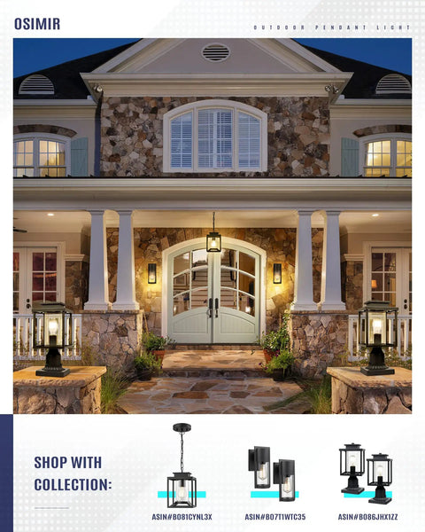 Modern Farmhouse Outdoor Pendant Light for Porch, black hanging lantern, glass cylinder, adjustable chain on house facade.