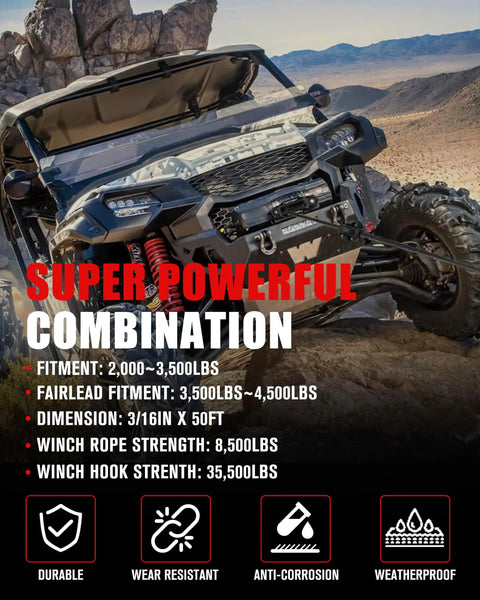Beefed Up 8500Lbs 50 Feet 3 16 Inch Synthetic Winch Rope Kit displayed on an ATV for off-road recovery in rugged terrain.