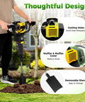 Man using Gas Powered 52cc Tree Digger Post Hole Auger for landscaping with cooling holes, muffler, and removable shovel features.