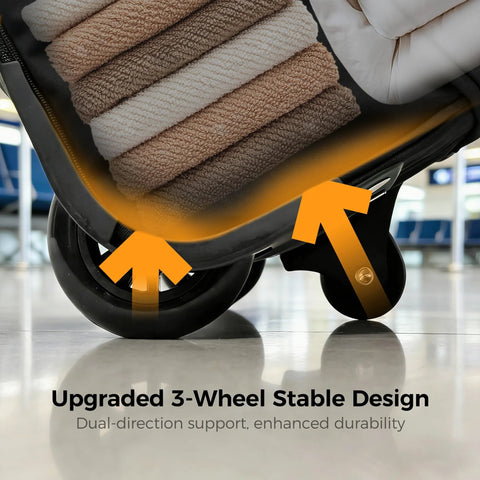 Khalor rolling duffle bag with three wheels; close-up of wheel area and fabric base on floor