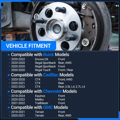 Close-up of plug-and-play front and rear wheel bearing and hub assembly fit for Chevy Equinox Malibu GMC Terrain Cadillac 2018 to 2024