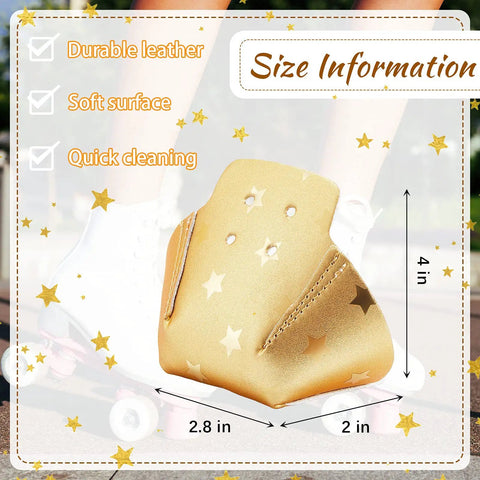 Two Piece Toe Guards For Roller Skates, Artificial Leather Protectors, Glitter Gold With Star Pattern, Size 4x2.8x2 inches