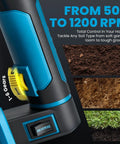 Beast 1200W Cordless Earth Auger With Reverse Function; close-up of control interface, adjustable RPM dial, and reverse button