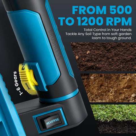 Beast 1200W Cordless Earth Auger With Reverse Function; close-up of control interface, adjustable RPM dial, and reverse button