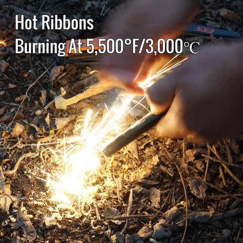 Hands using 2 Pack Beefy Heavy Duty Ferro Rods Half Inch Thick Four Inch Long Drilled Ferrocerium Flint And Steel to create sparks.