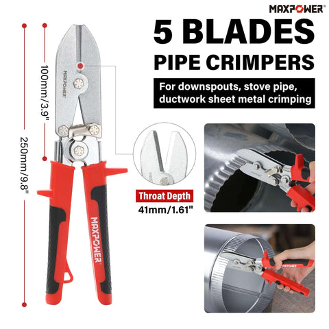 Five blade pipe crimper tool for downspouts, ductwork; part of Two Piece Sheet Metal Hand Seamers With Five Blade Pipe Crimper.